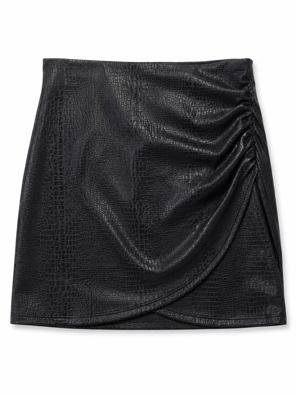 Black Faux Snakeskin Leather Mini Skirt | Size Small | Ruched Wrap Style NWOT